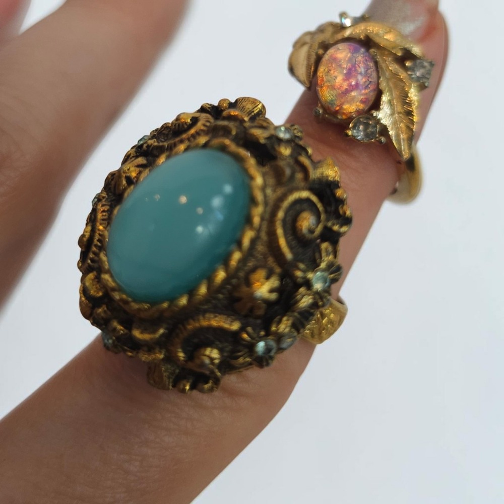 Vintage Gold Tone Cocktail Ring Set Teal, Faux Opal Sarah Coventry & Fire Flower - Picture 1 of 16